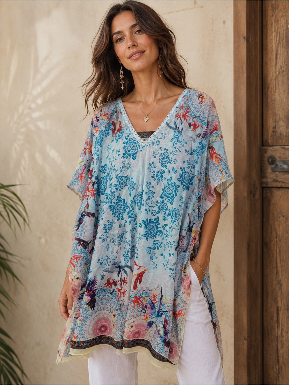 Johnny Was Pale Blue Floral V-Neck Tunic with Multicolor Bird Accents